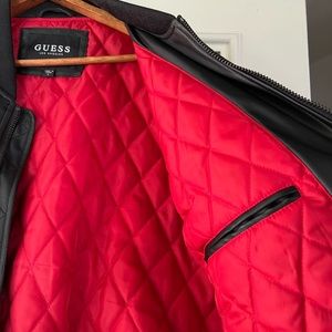 Men’s size Large GUESS faux leather (Pleather???) black bomber(?) jacket